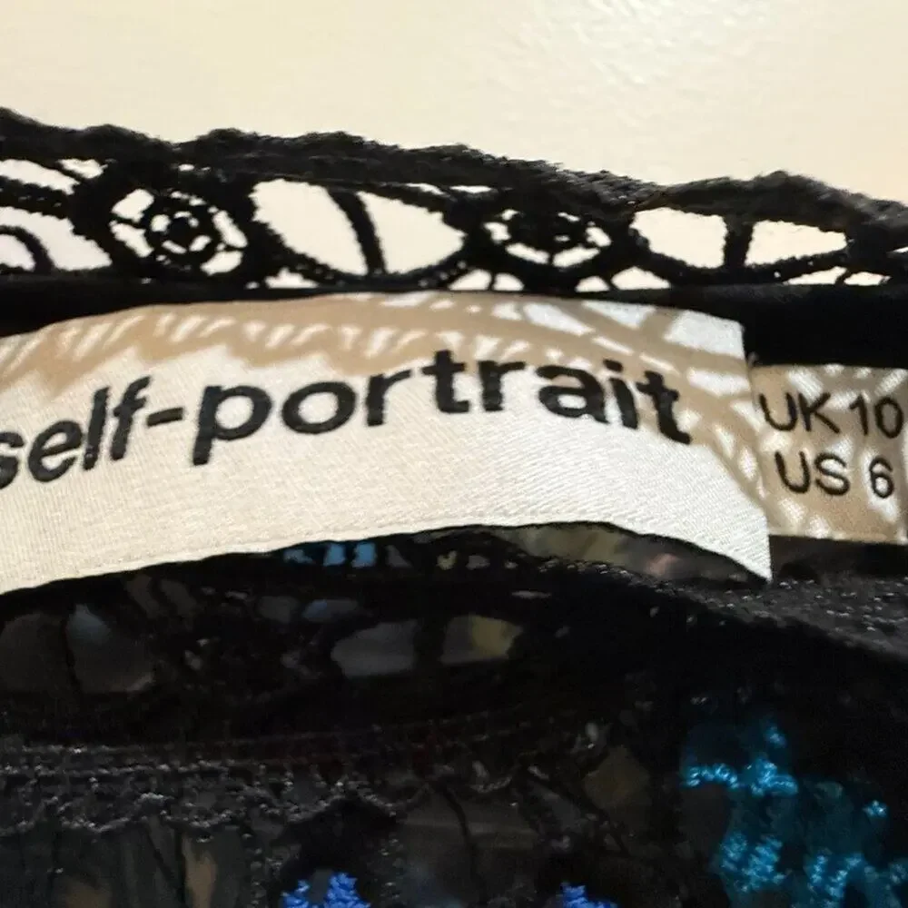 Self-Portrait Black Blue Floral Lace Long Sleeve Cocktail Mini Dress Size 6 - Picture 14 of 14